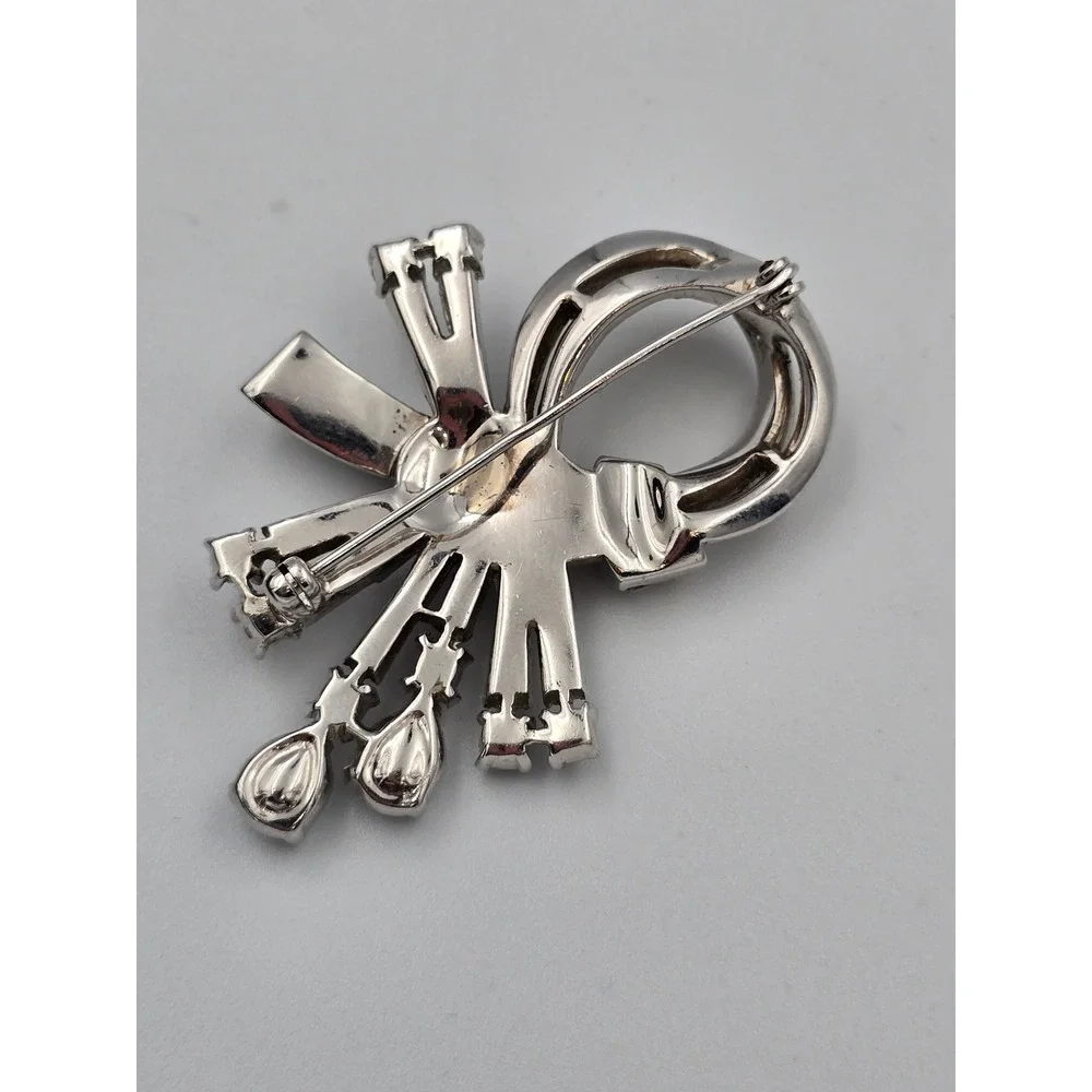 Vintage Rhinestone Bow Brooch Pin Silver Tone Clear Champagne‎ Baguette Round